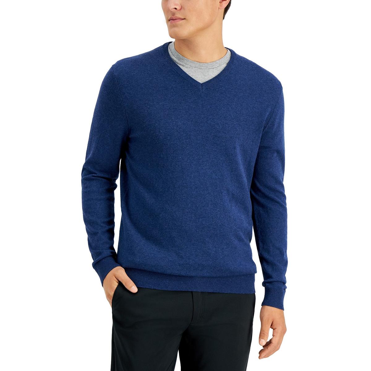 ALFANI Mens Navy V Neck Classic Fit Cotton Blend Pullover Sweater