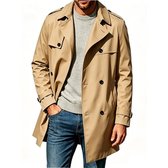 Spring Fall Men Double Breasted Casual Lapel Trench Coat Belted Windbreaker