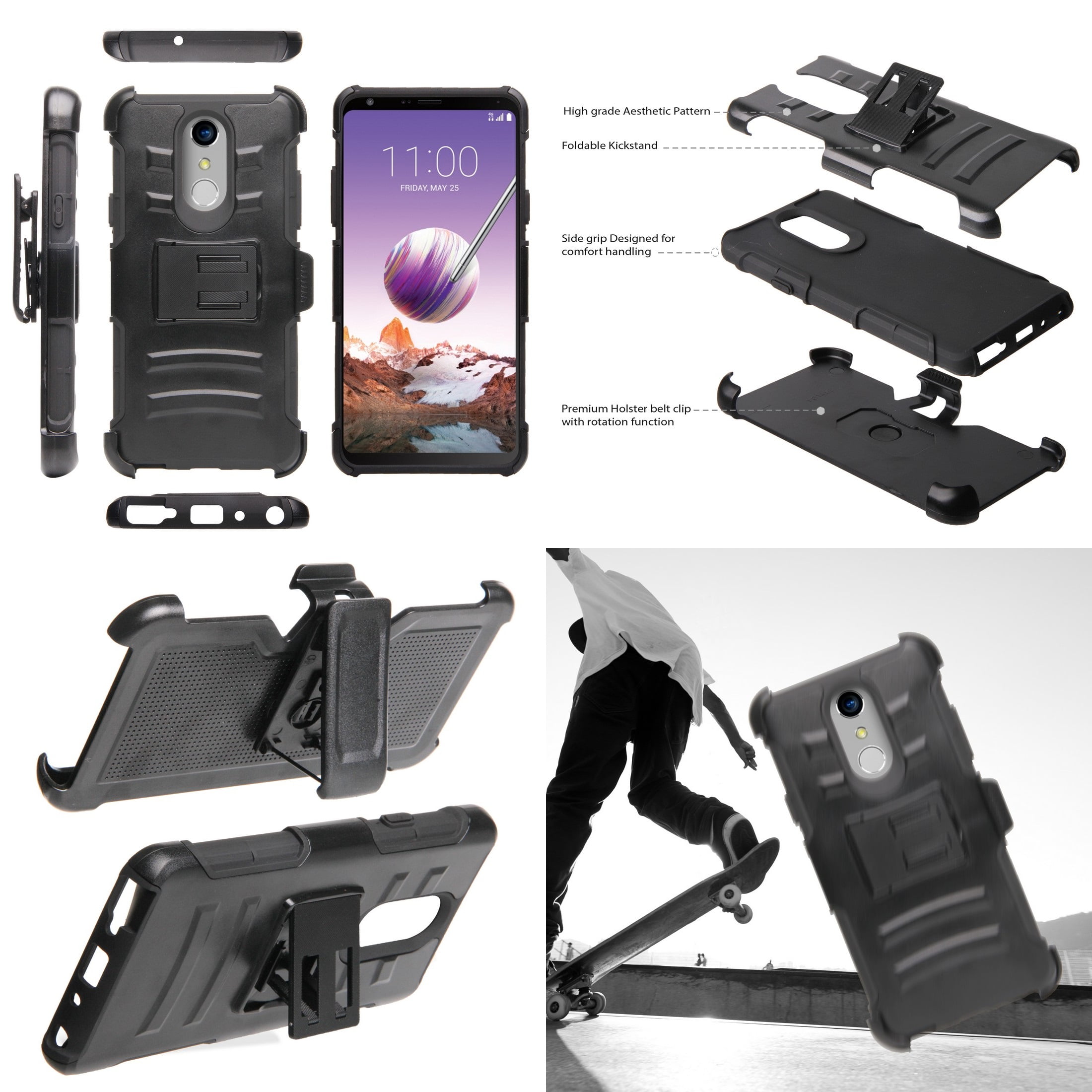 Dual Layer Heavy Duty Armor Kickstand Holster Rugged Case Atom Cloth for LG Stylo 4+ Plus//LG Stylo 4 with Bubble-Free Tempered Glass Screen Protector 2018 American Skull Flag