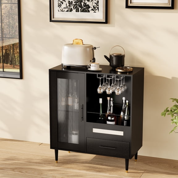 Contemporary Wine Bar Cabinet with Glass Display Door, Built-In Stemware Racks & Drawer, Compact Buffet Sideboard for Wine Storage, Coffee Bar or Dining Room Accent Furniture, Black