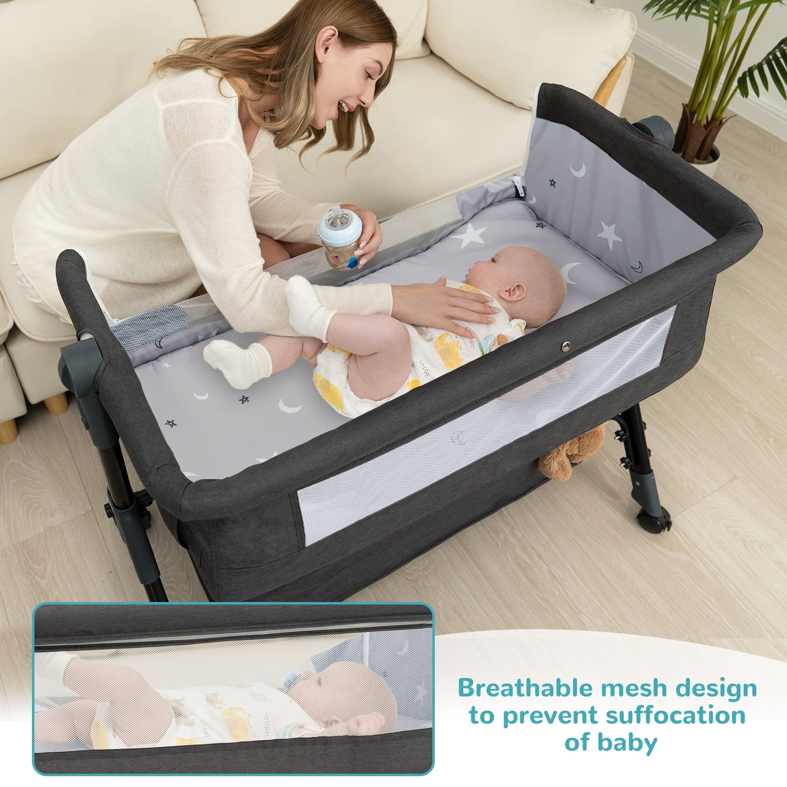 Poit Portable Baby Bassinet, Adjustable Bedside Sleeper for Infants up to 18 Months, Dark Gray