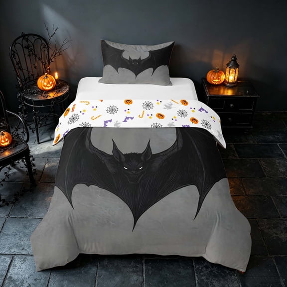 Homewish Halloween Bat Twin Duvet Cover, Gothic Animal Twin Bedding, Gray Black, Pumpkin Bat Reversible 2 Pieces, 1 Duvet Cover and 1 Pillowcase