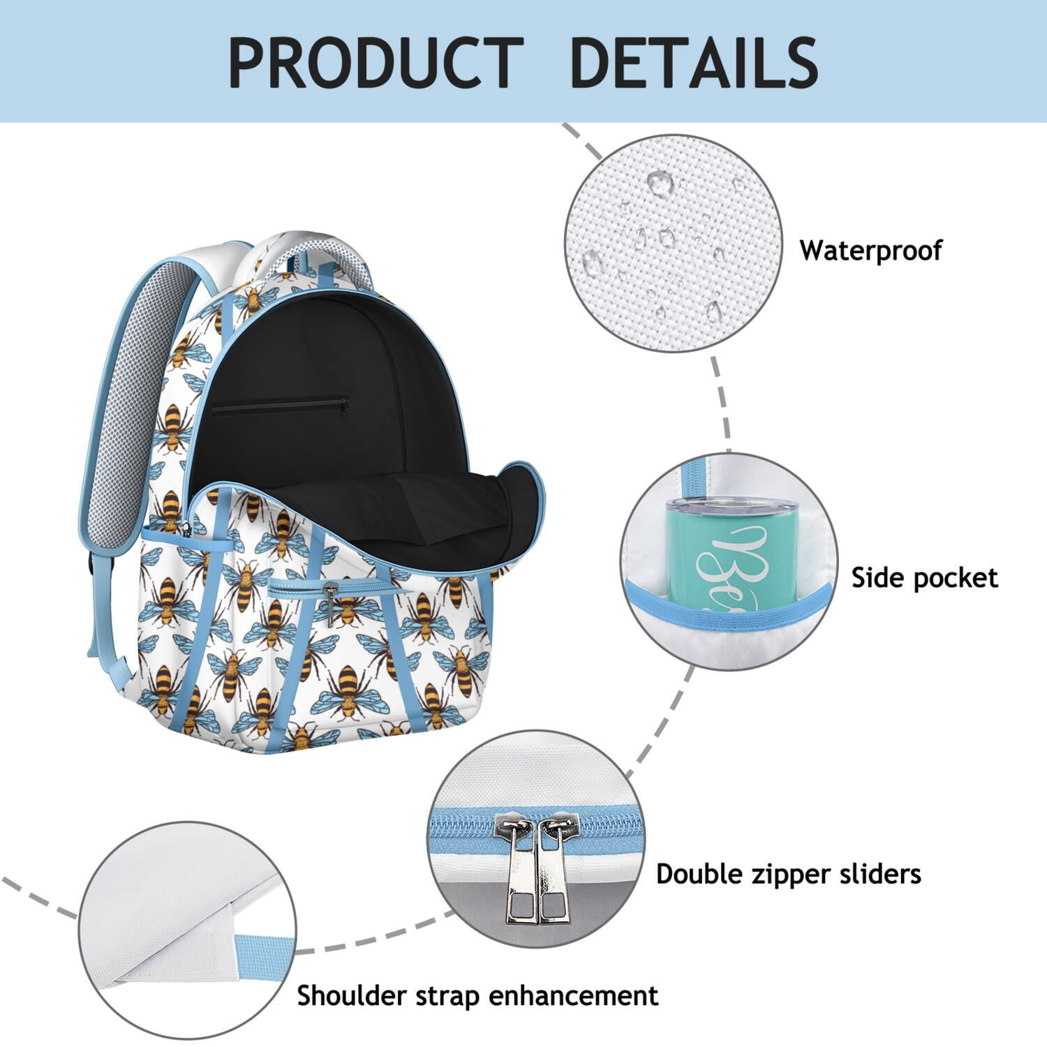 Bees & Daisies Backpack&nbsp;- Fashionable School Bookbag for Girls & Boys, Lightweight Laptop Bag with USB-Free Design, Spacious Interior, Bee Print Gift