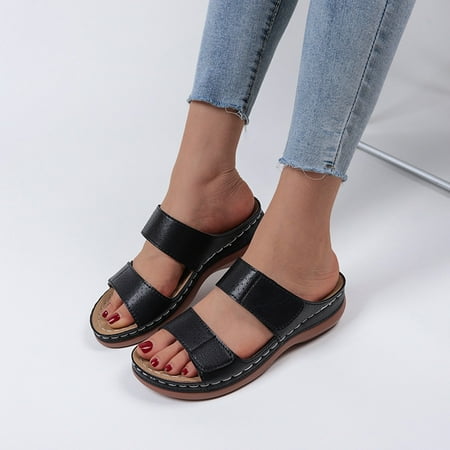 

Cathalem Ladies Fashion Solid Color Leather Hollow Breathable Fish Mouth Wedge Sandals Women Heels Sandals Size 7 Black 9