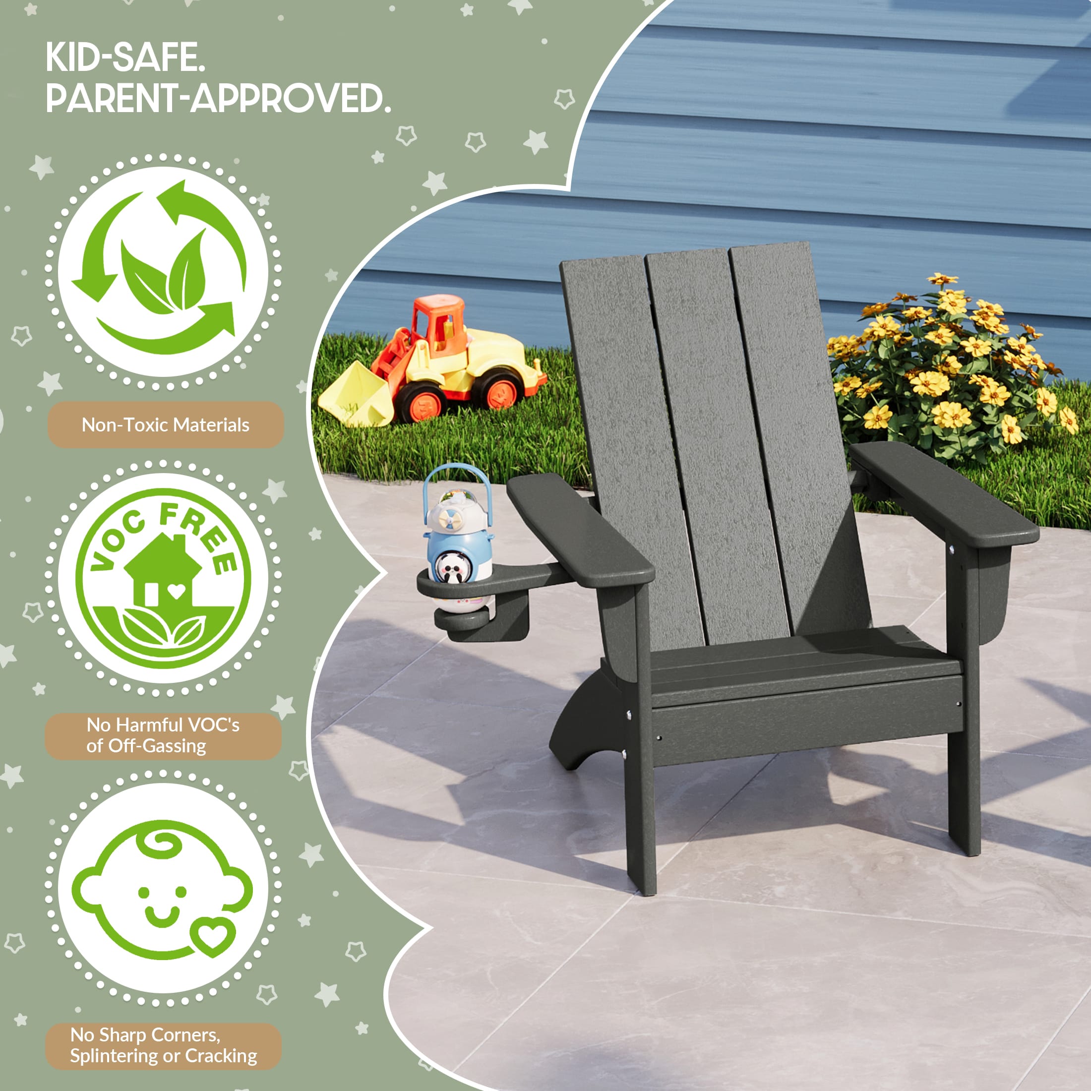 WestinTrends Ashore 3-Piece Kids HDPE Modern Adirondack Chairs Set with Square Side Table and Cup Holders, Gray
