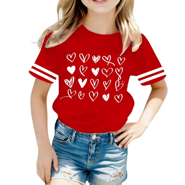 Rhuody Hauts Fille T-Shirt à Manches Courtes Col Ras du Cou Imprimés de Dessins Animés Tee Hauts Adorable Tenue Quotidienne 6-7 Ans Rouge