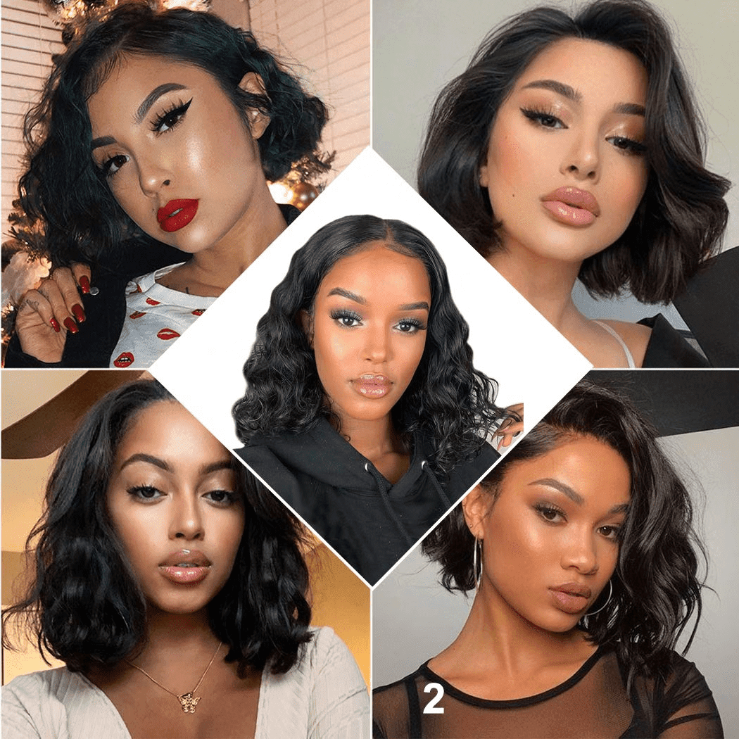 DOPI Natural Wave Brazilian Human Hair Short Curly Wavy Wigs (Black 14inch )