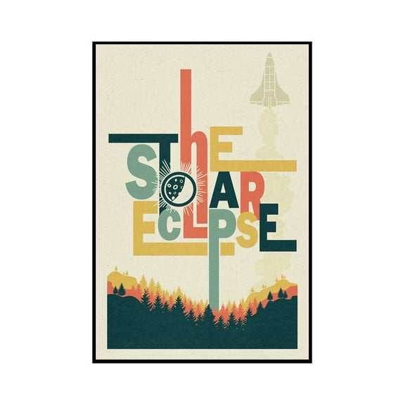 Solar Eclipse - Typography with Trees & Spaceship - Lantern Press Artwork (24x36 Framed Gallery Wrapped Stretched Canvas)