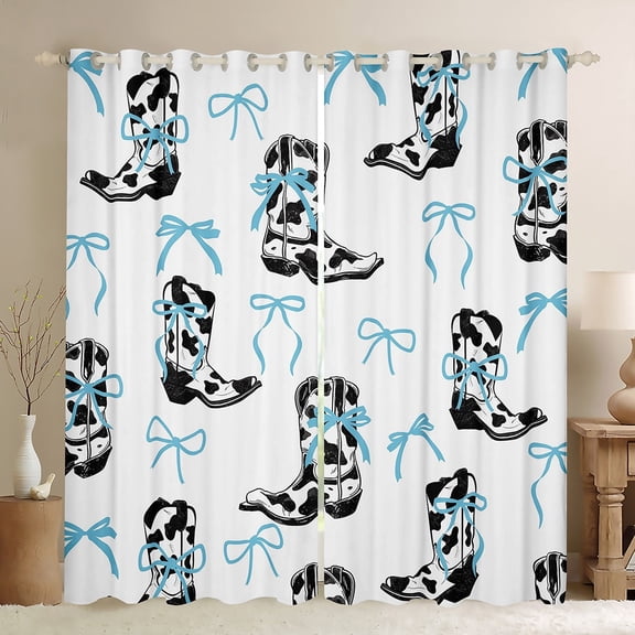 Homewish Kawaii Bow Tie Black Out Curtains,Western Cowgirl Boots Curtains Pack of 2 (42x63 Each),White Blue Black Bedroom Curtains For Children,Breathable Home Decor