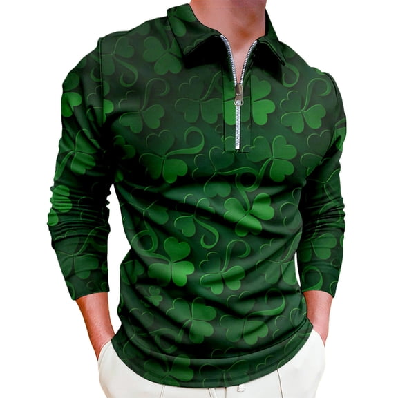 Mens Shirts St Patrick'S Day Full Print Style Long Sleeve Zipper Mens New Clothing,Dark Green,2XL