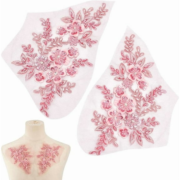 1 Pair 3D Flower Lace Applique Pink Flower Beaded Sequins Patch Sew on Embroidered Applique for Wedding Dress DIY Patch Clothing Accessories 7.2x14.6inch