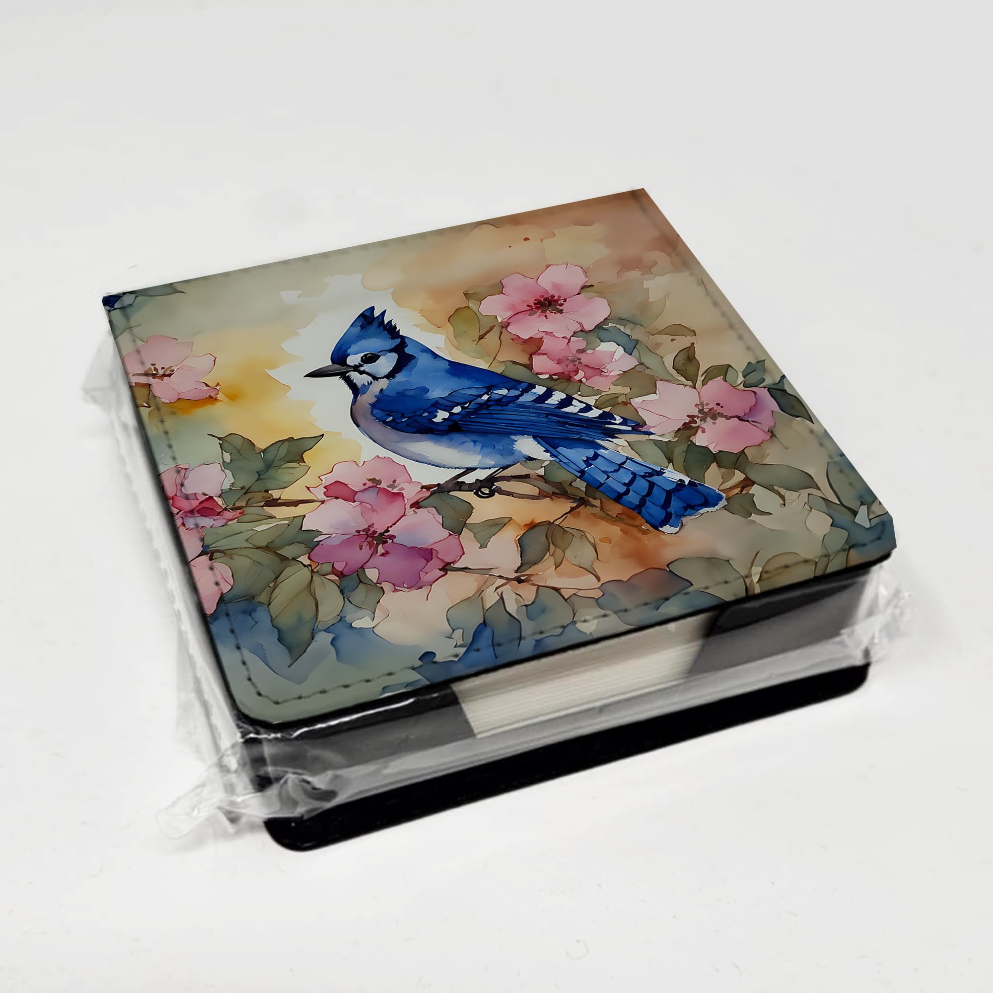 Caroline's Treasures Blue Jay PU Leather Note Paper Holder with Artist-Designed Cover, Desk Accessory, Office Gift