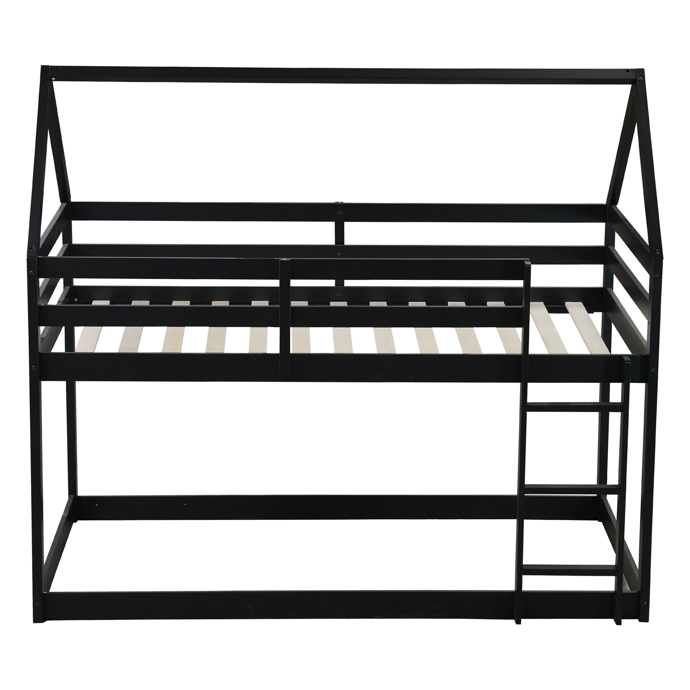 PORKISS Bunk Bed Twin Over Twin, Kids Low Floor Bunk Bed with Guard Rails for Children Boys Girls Dormitory Bedroom, Rubber Wood Bunk Bed, No Box Spring Needed, Black #