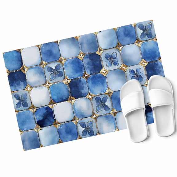 Blue Crystal Flower Door Mat Irregular Texture Non Slip Absorbent Entrance Mat Washable Low Profile Indoor Doormat for Front Door Entryway Entry 16"x24"