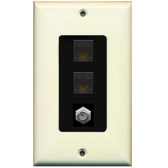 RiteAV Decorative 1 Gang Wall Plate (Light Almond/Black) 3 Port - 2 x Cat6, 1 x Coax