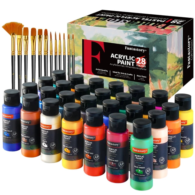 Set de Pintura Acrílica Fantastory (60ml/2oz), 28 Colores con 12 Pinceles Kit de Manualidades