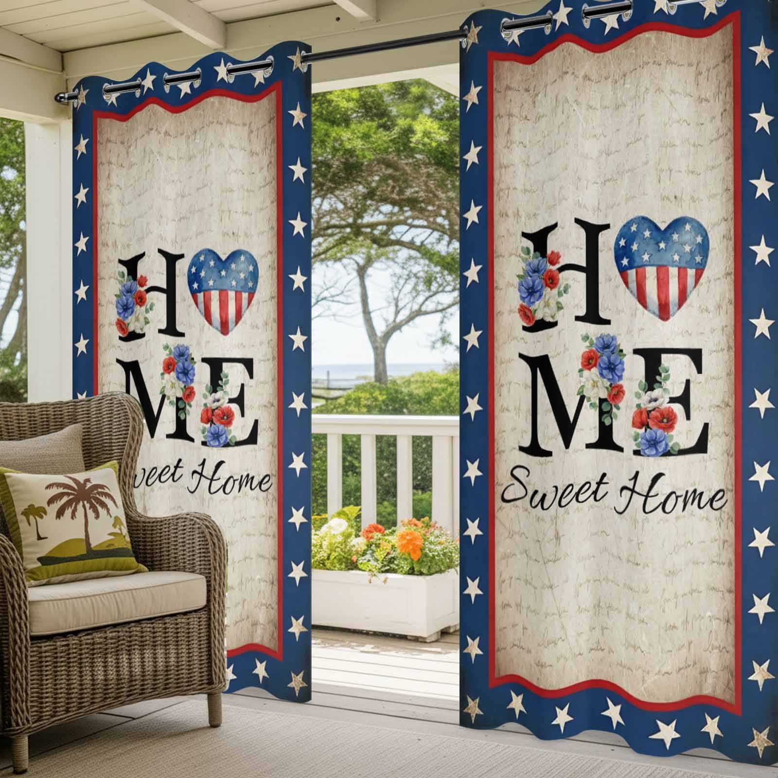 4th of July Outdoor Curtains for Patio, Home Sweet Home Blue Stars Floral Usa Flag Vintage Sunshade Privacy Drapes Grommet Waterproof Outside Curtains for Porch/Cabana/Balcony 54"x 108", 1 Panel