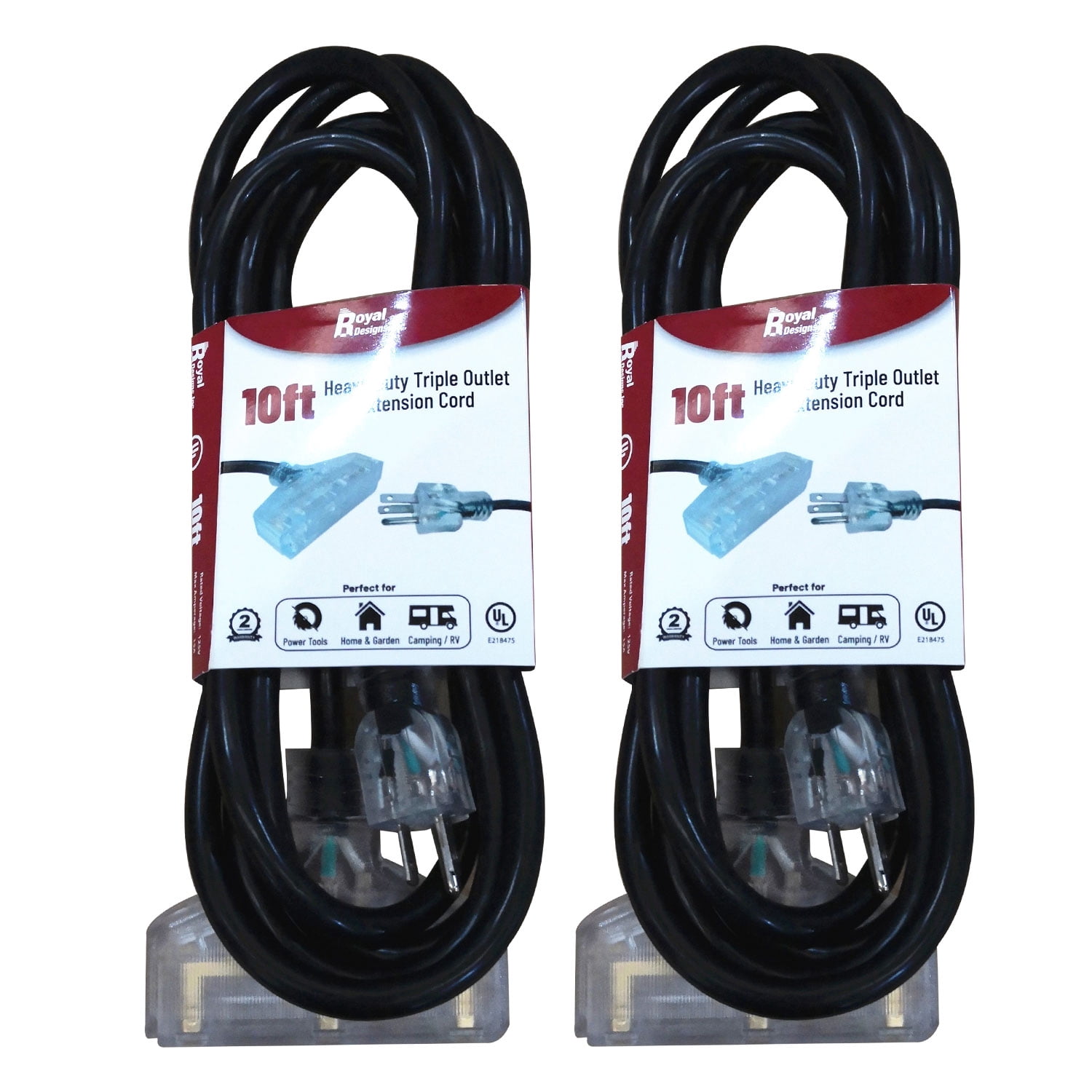 Royal Designs, Inc. Heavy Duty Extension Cord with Indicator light for Indoor & Outdoor, 10 ft long, Black, 3 Outlet Prong Grounded Wire UL Listed, Set of 2