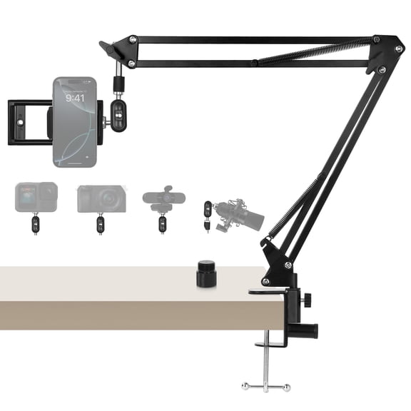 30" Magic Arm Holder w Clamp - Overhead Phone Mount for Desk, Smooth 360° 1/4" & 5/8" Thread Webcam Stand for Phone, Tablet, Webcam, Mic, Camera - Content Creators & Streaming