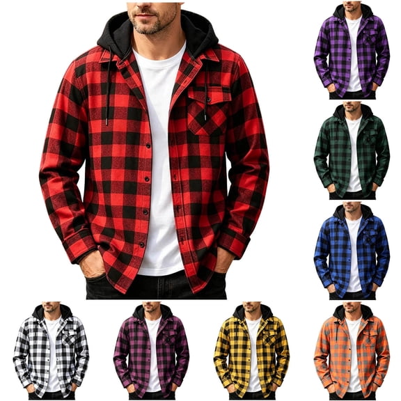 Men's Flannel Hooded Shirt Jacket, Casual Button Down Plaid Shirts, Long Sleeve Stylish Hoodie with Chest Pocket Red