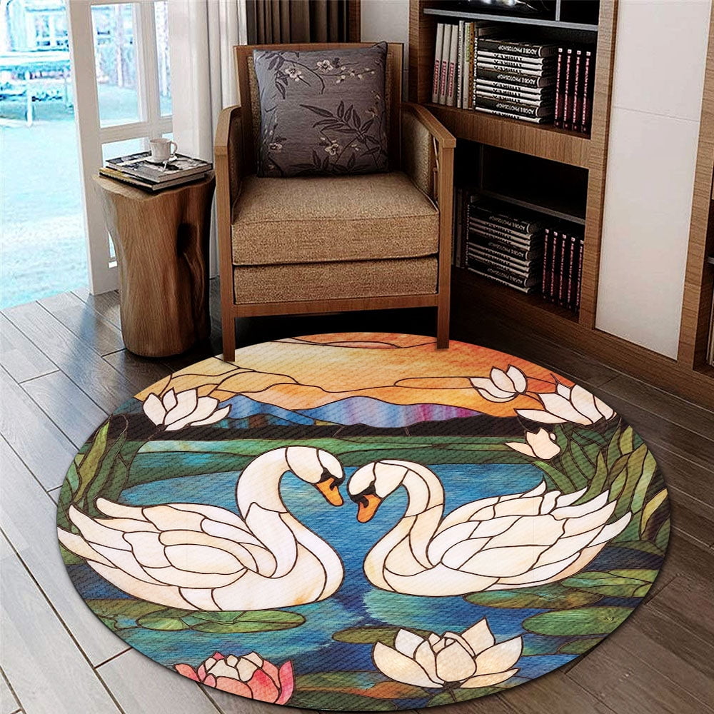 Round Rug, Swans Soft Washable Carpet, Non-Slip Floor Mat for Living Room Bedroom Home Decor 24 Inch