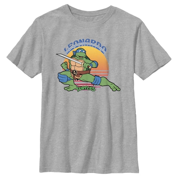 Boy's Teenage Mutant Ninja Turtles Sunset Leonardo in Action Graphic Tee Athletic Heather Large