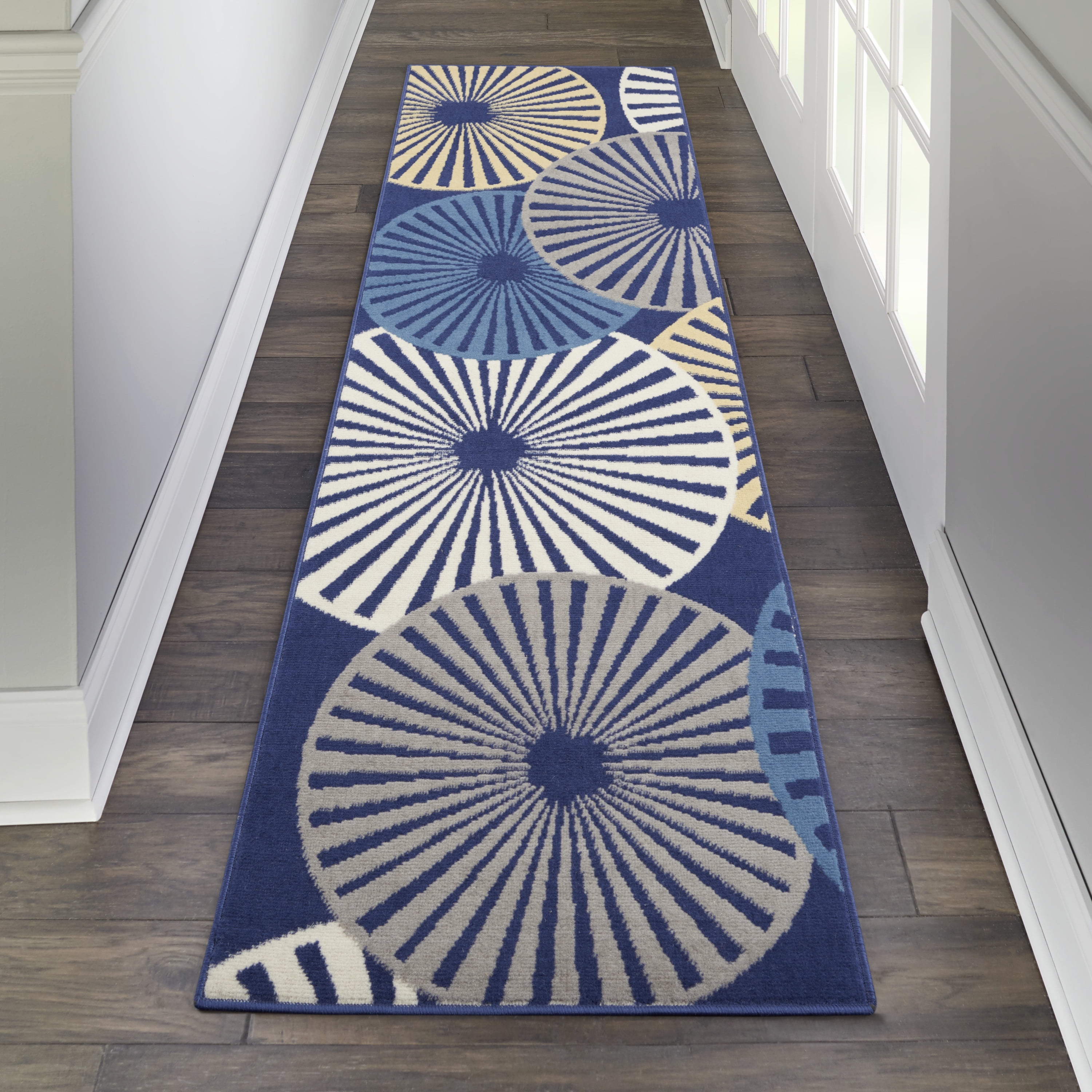CONTEMPORARY blue CIRCLES 2x8 area rug LINES runner Actual Size 2' 7" x 7' 4" 