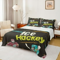 Manfei Teens Est Sleep Queen Sheet Sets, Cartoon Sports Helmet Flat Sheet, Ice Hockey Player Queen Fitted Sheet, Breathable Home Decor, 4pcs