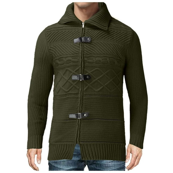 Dpytoraw Turtleneck Sweater Mens Leather Button Long Sleeve Knit Cardigan Jacket