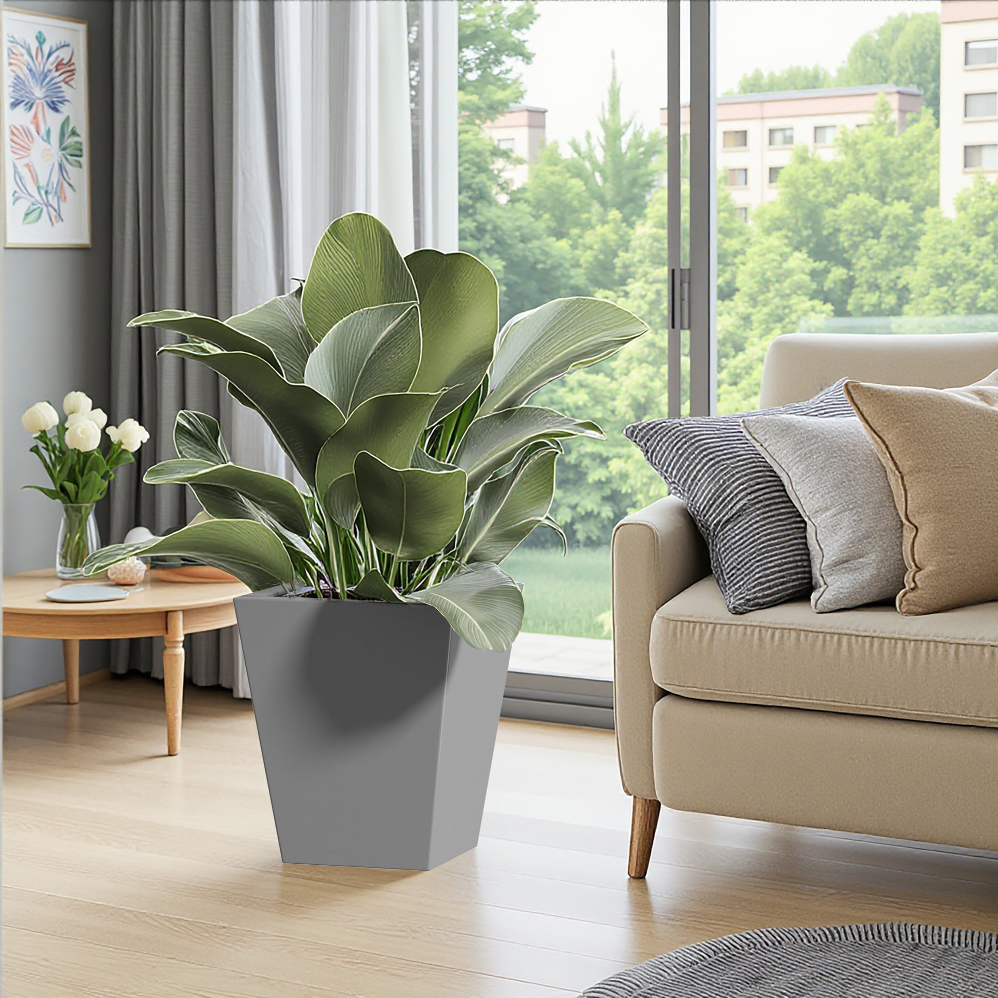 MAYEERTY 18"H Metal Tapered Planter, Large Plant Pot with Drainage Hole & Rubber Plug for Patio, Gray
