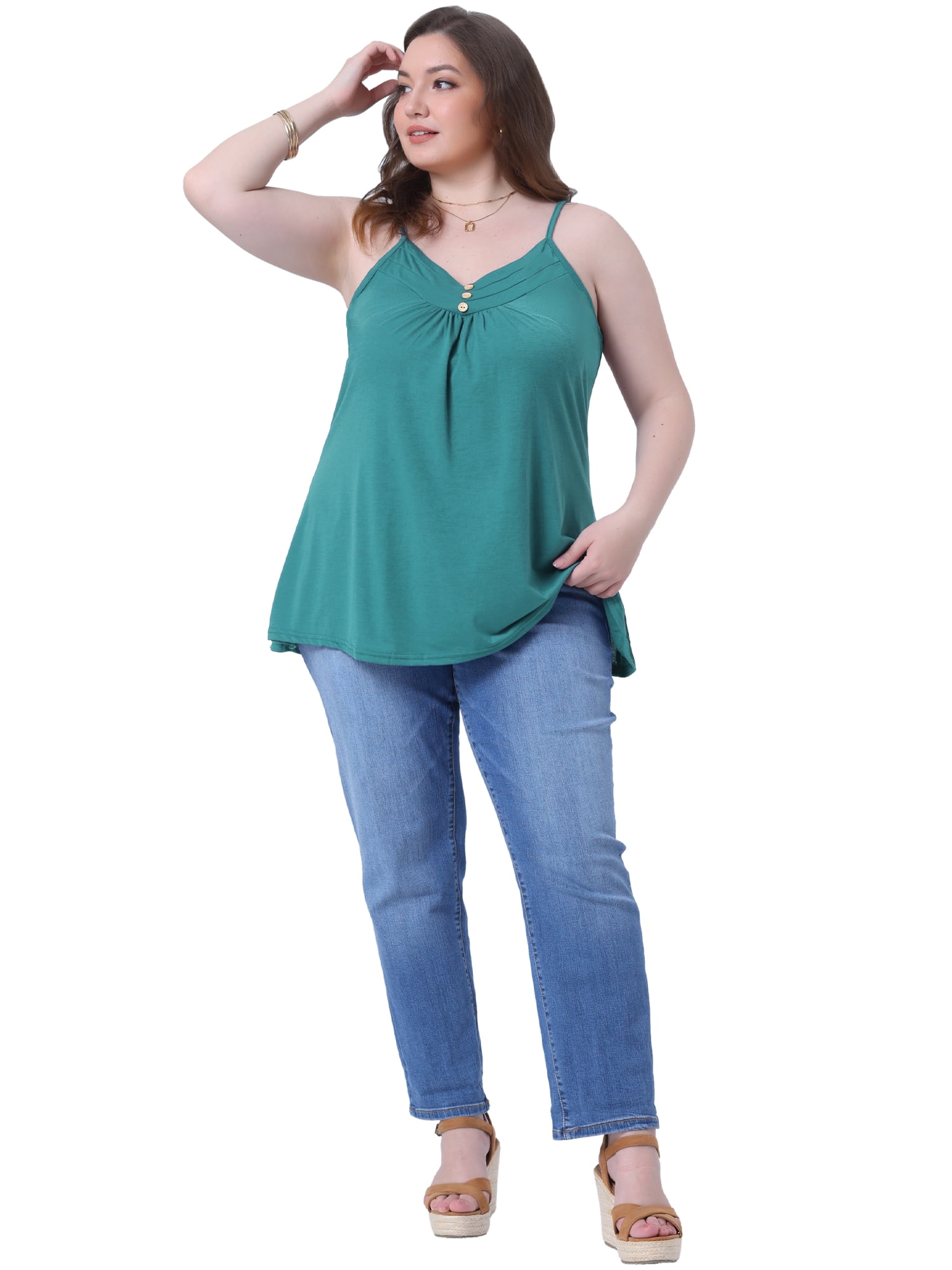 DARING DIVA Women's Plus Tank Tops with Button V Neck and Pleated Design 1X Green