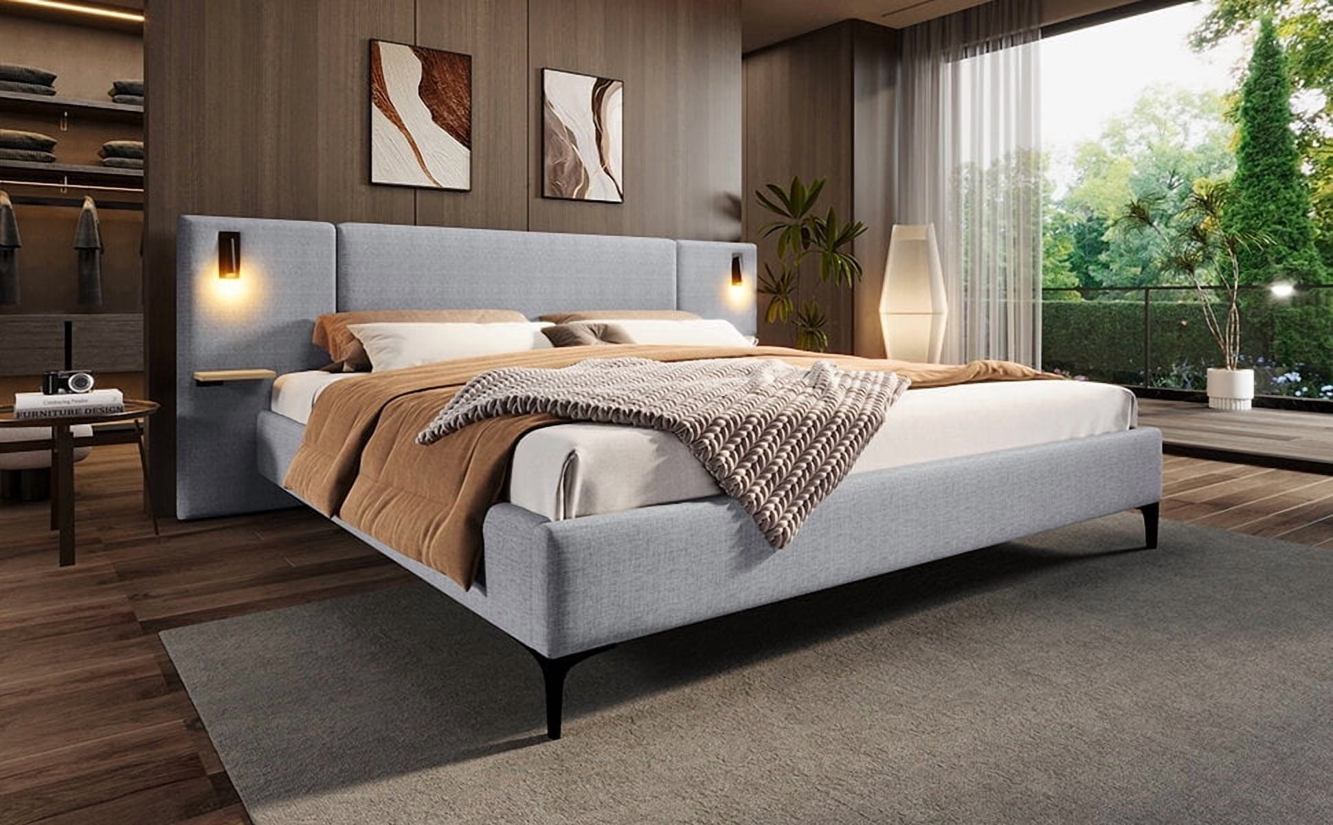 Bed Frames Chic Linen Upholstered Bed with Integrated Lights and Shelves, Grey, Queen,Adjustable Bed Base