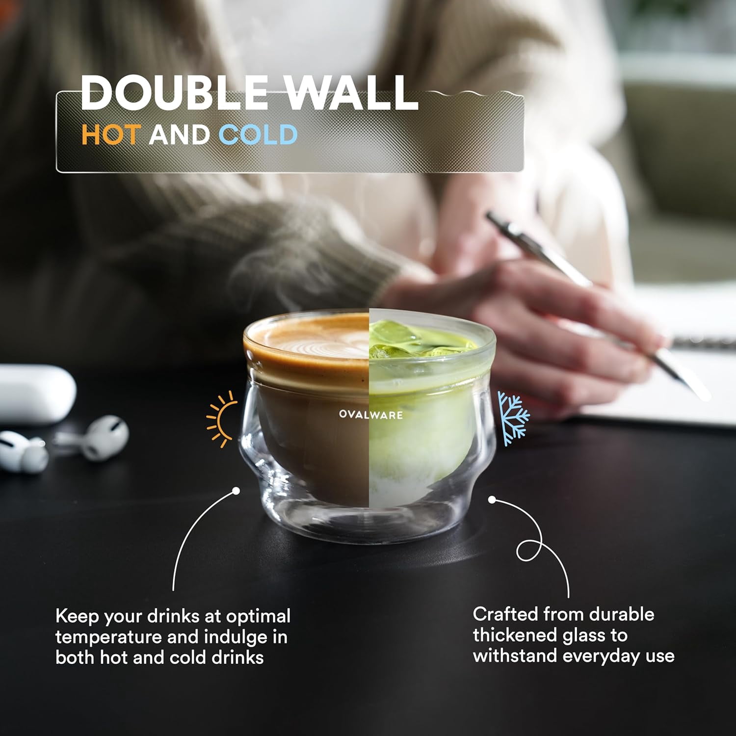 OVALWARE 8.5oz Double Wall Latte Cups, Latte Set of 2 - Latte Glasses for Cold & Hot Drink, Palm Sized Latte Glass Cups with Wide Rim for Latte Art - Clear Glass
