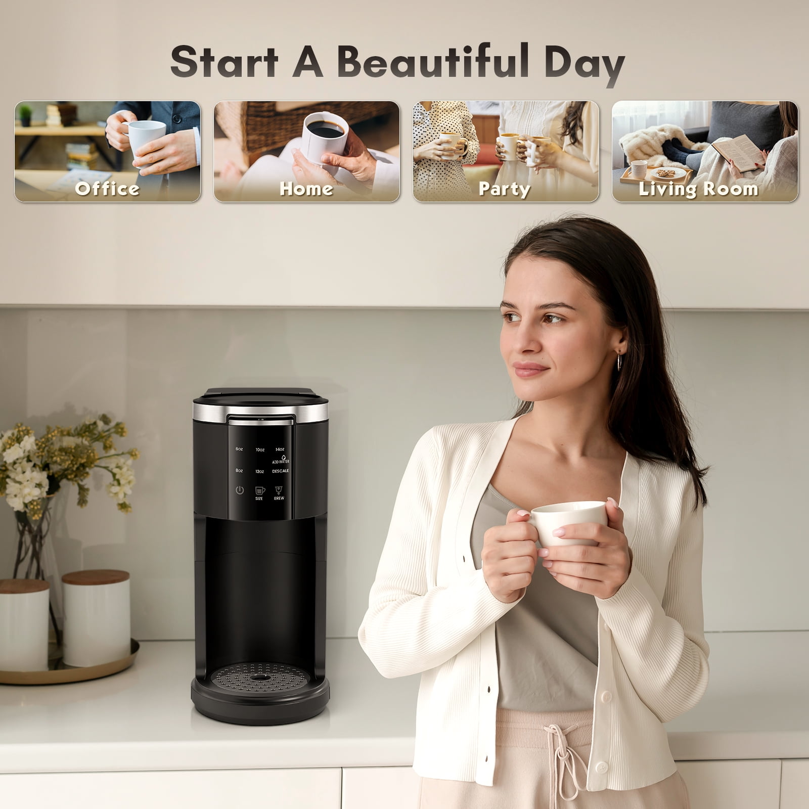 Moifoi Coffee Maker 2-in-1 Single Serve Coffee Machine, for K-Cup Coffee Capsule Pod, Ground Coffee Powder Brewer, Black