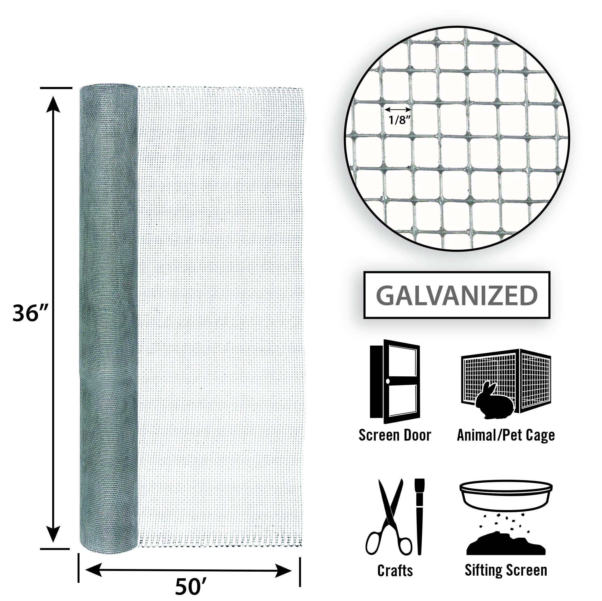 36in H x 50ft L Galvanized Hardware Cloth with 1/8in Openings