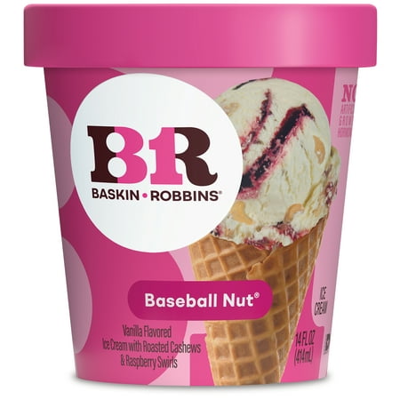 Baskin-Robbins Baseball Nut Sundae Ice Cream, 14 fl oz Cup – Vanilla Ice Cream with Raspberry Swirl and Cashews