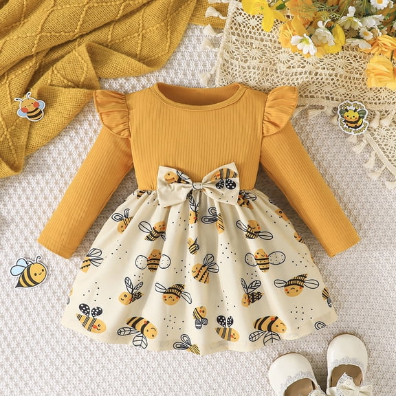 Glisme Girls Dresses Baby Long Sleeve Dress With Print Flutter Sleeves And Bow Detail Soft Casual Party Dress Yellow Sundress Size 6-9 Months