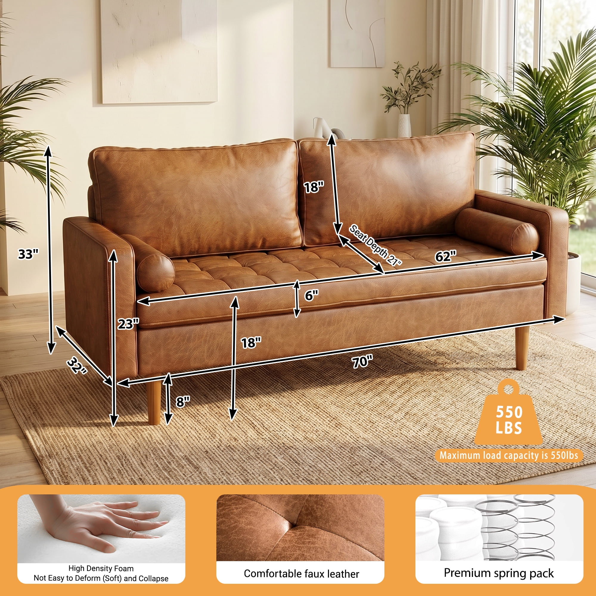 Koby Home Faux Leather Sofa, Mid-Century 70" 3 Seater Couches Camel Brown