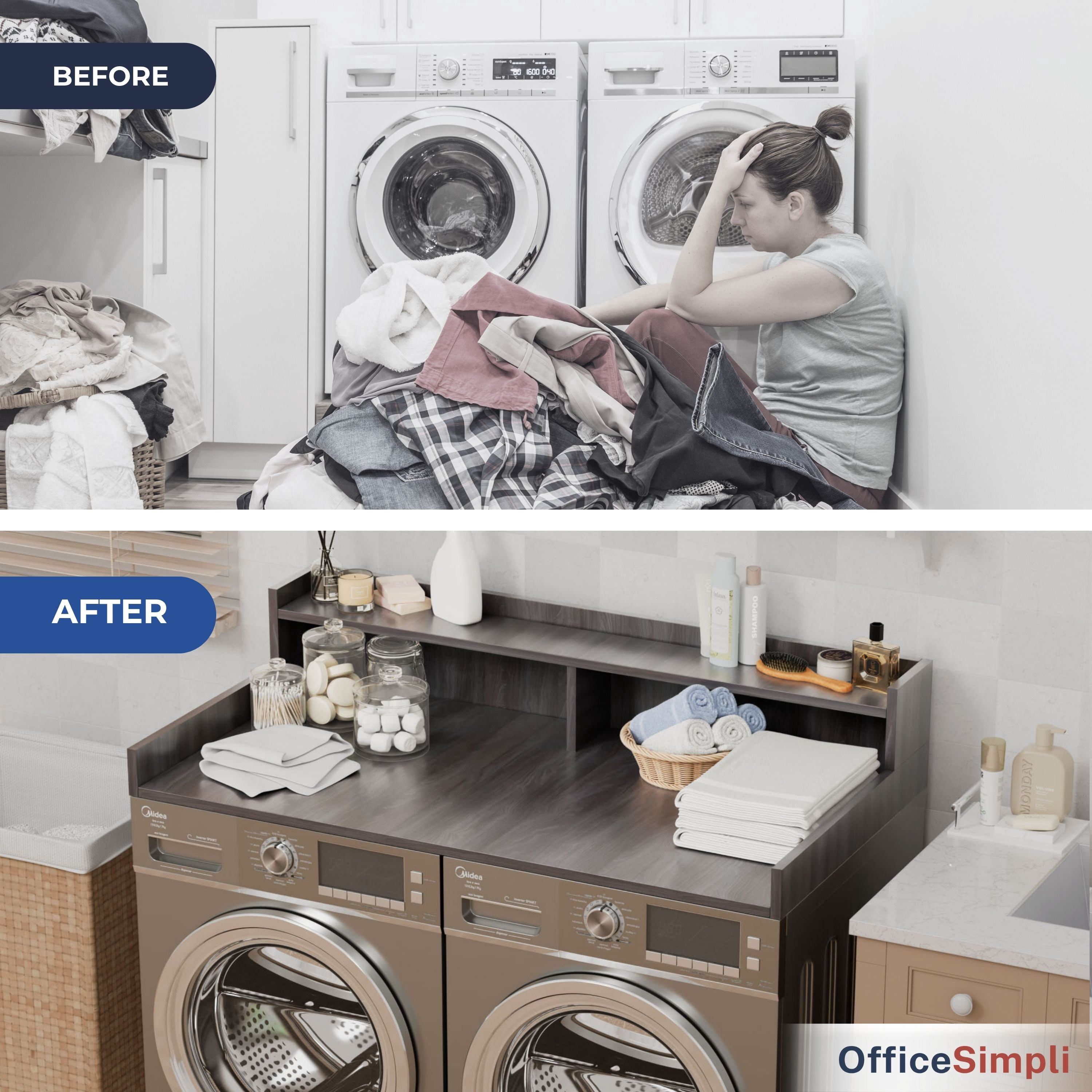 OfficeSimpli Large Washer Dryer Countertop with Shelf - 30 x 58 Inch - Made in USA Laundry Countertop Over Washer and Dryer with Non-Slip Pads, Storage Shelf, Laundry Topper Organizer, Iconic Maple