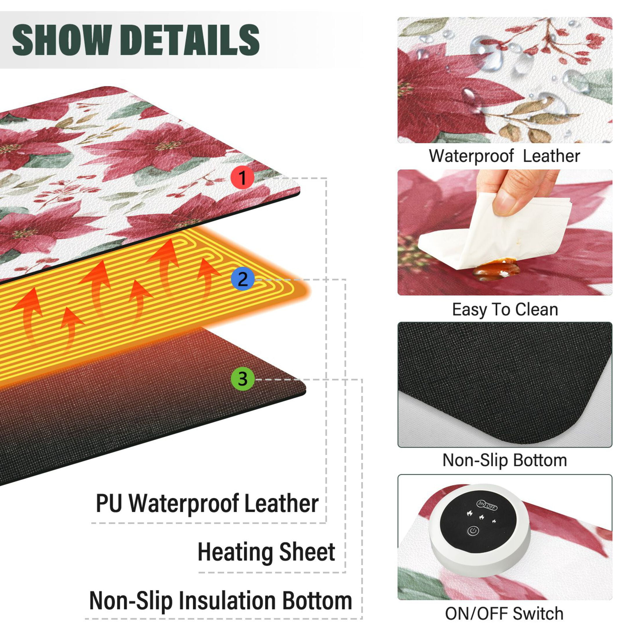 Wobogo Poinsettia Flowers Heated Mouse Pad Extra-Large Desk Mat With 3 Heating Levels and 3-hour Auto Shut-Off Protection Ideal for Computer Keyboards Home Office Hand-warming Essential 31.5in × 13in