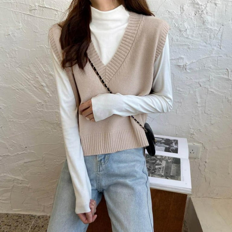 Lovegab Women's V-Neck Knit Sweater Vest Solid Color Plaid Korean