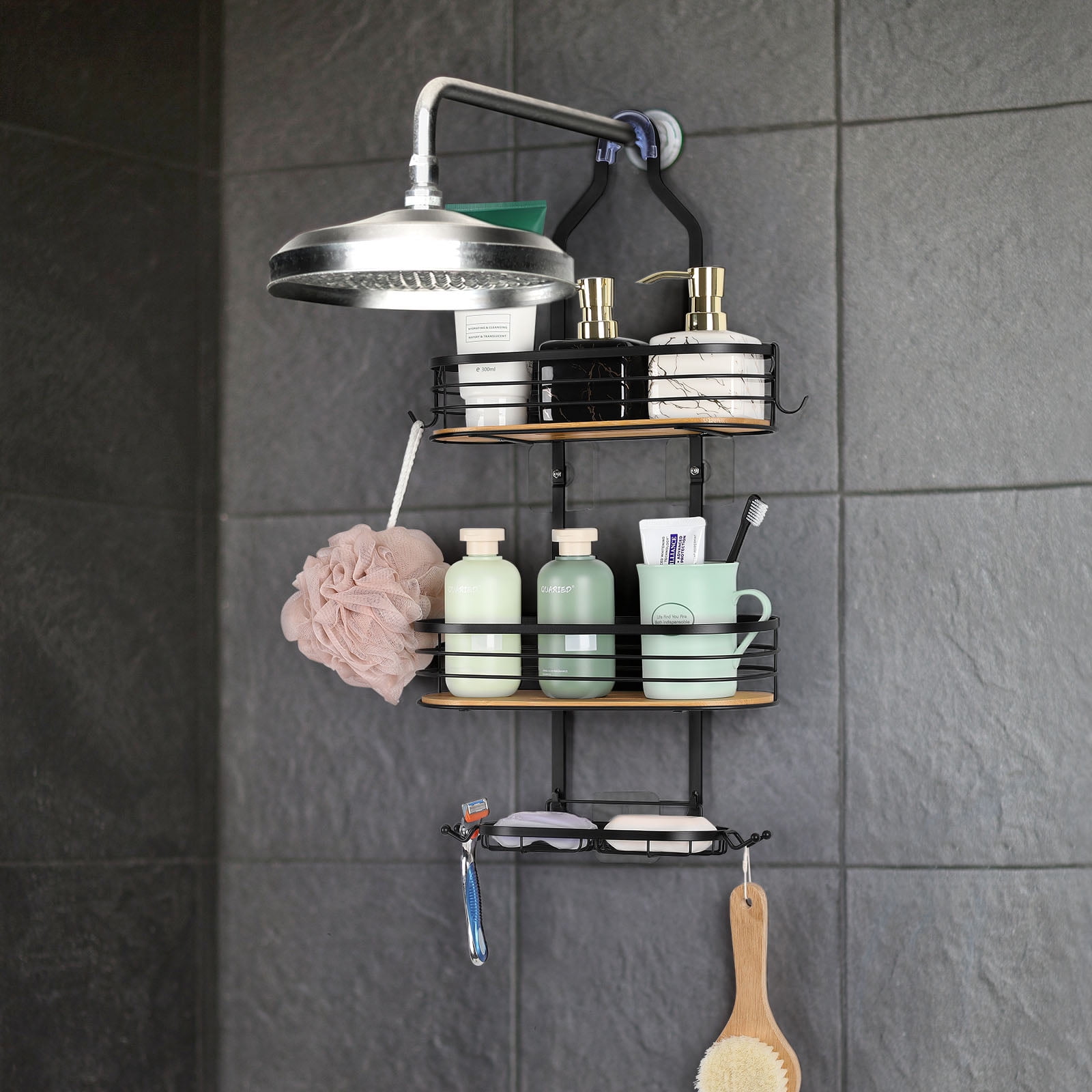 HUFTGOLD Over Head Shower Organizer, Hanging Bathroom Storage Rack with Soap Holder and Hooks, 3-Shelf Shower Caddy Basket, HG0018AMKA