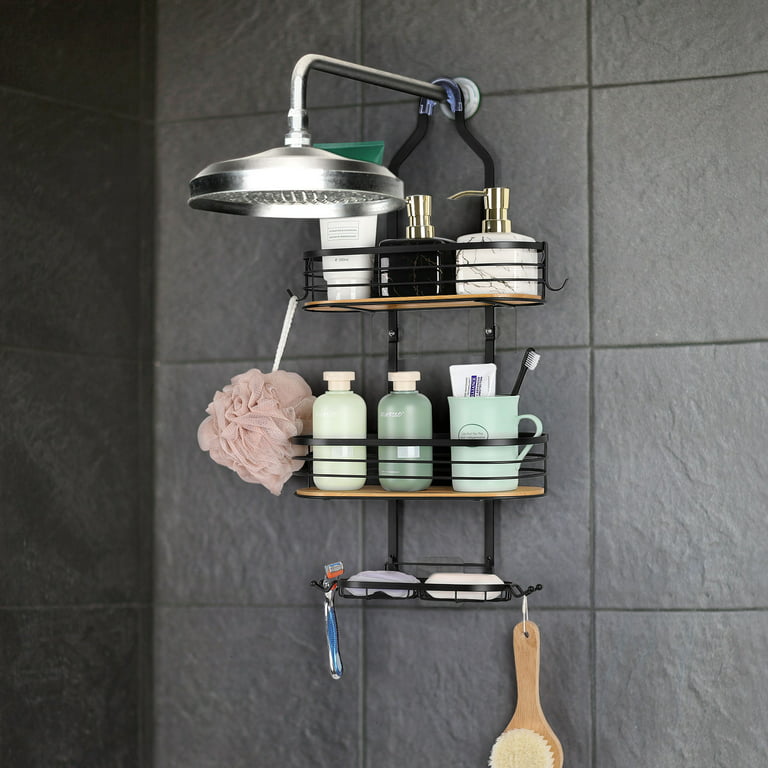 TreeLen Shower Caddy Hanging over Shower Head with 10 Hooks for Razor Large  Shampoo Holder Shower Hanger Rack Bathroom Organizer- (Black