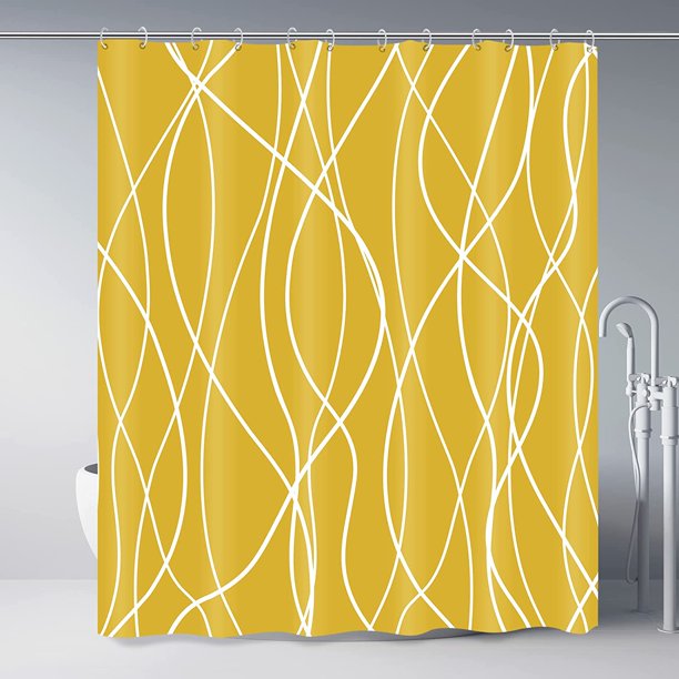 Yellow Shower Curtain for Bathroom with Hooks Shower Curtain Set,White Stripe Bath Curtains