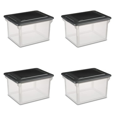 Sterilite File Box, Clear Plastic Bin with Black Lid, Letter or Legal-sized File Storage, 4 Count