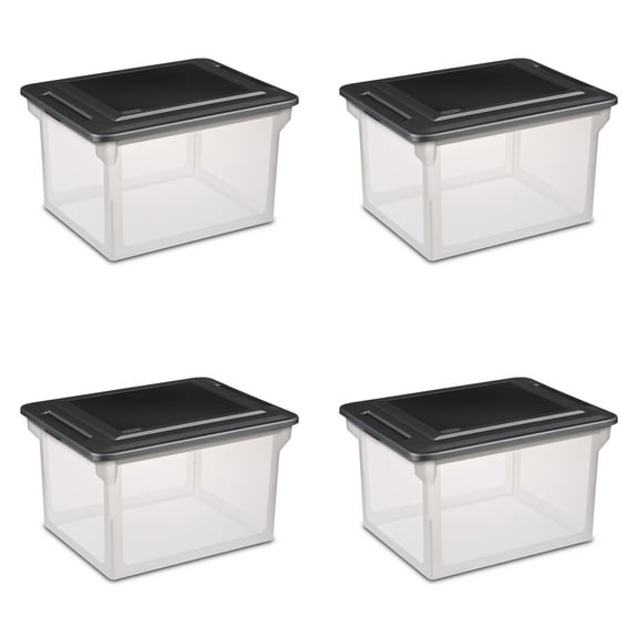 Sterilite File Box, Clear Plastic Bin with Black Lid, Letter or Legal-sized File Storage, 4 Count