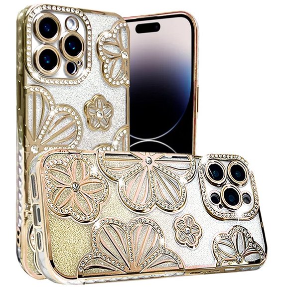 For Apple iPhone 16 Pro Max (6.9") Luxury Floral Design Sparkle Glitter Diamond Crystal Rhinestone Shimmer Bling Plating Thick TPU Hard PC Cover, XPM Phone Case [Flower Gold]