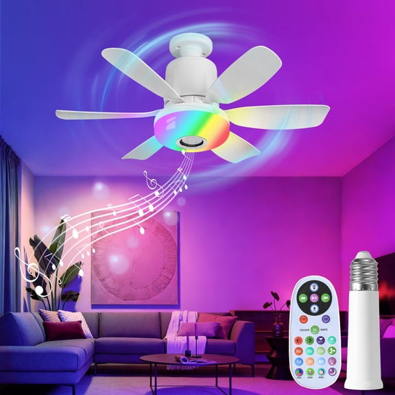 Hywyimlait Socket Fan Light with Remote, Bluetooth Speaker, RGB & 3 Color Lighting, 3 Wind Speeds, 18.5" Screw-in Small Ceiling Fan with Lights for Bedroom, White