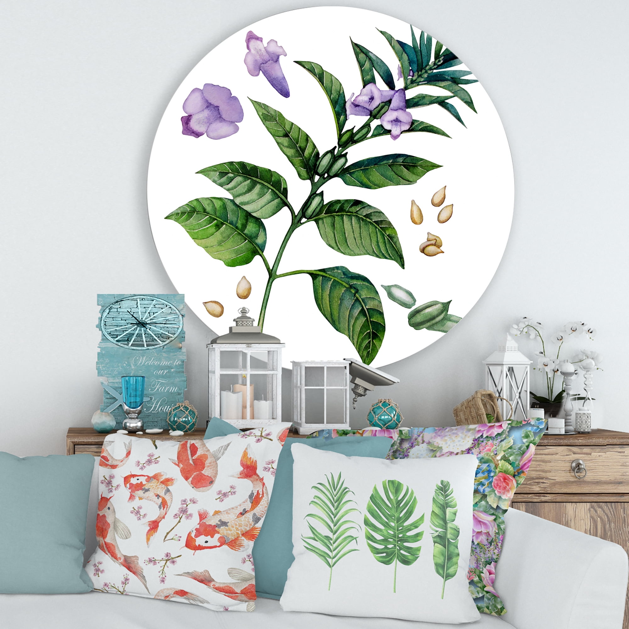 Designart 'Purple Sesame Flowers WIth Green Leaves On White' Traditional Circle Metal Wall Art 29x29 - Disc of 29