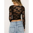 thumbnail image 4 of Women Floral Lace 2Pcs Outfit Sheer Mesh Low Cut Crop Top Short/Long Sleeve See Through T Shirts +Bra Set Going Out Tees Tops, 4 of 7